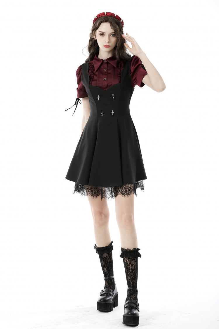Burgundy Point Collar Short Puff Sleeve Ruffled Gothic Elegant Women's Blouse