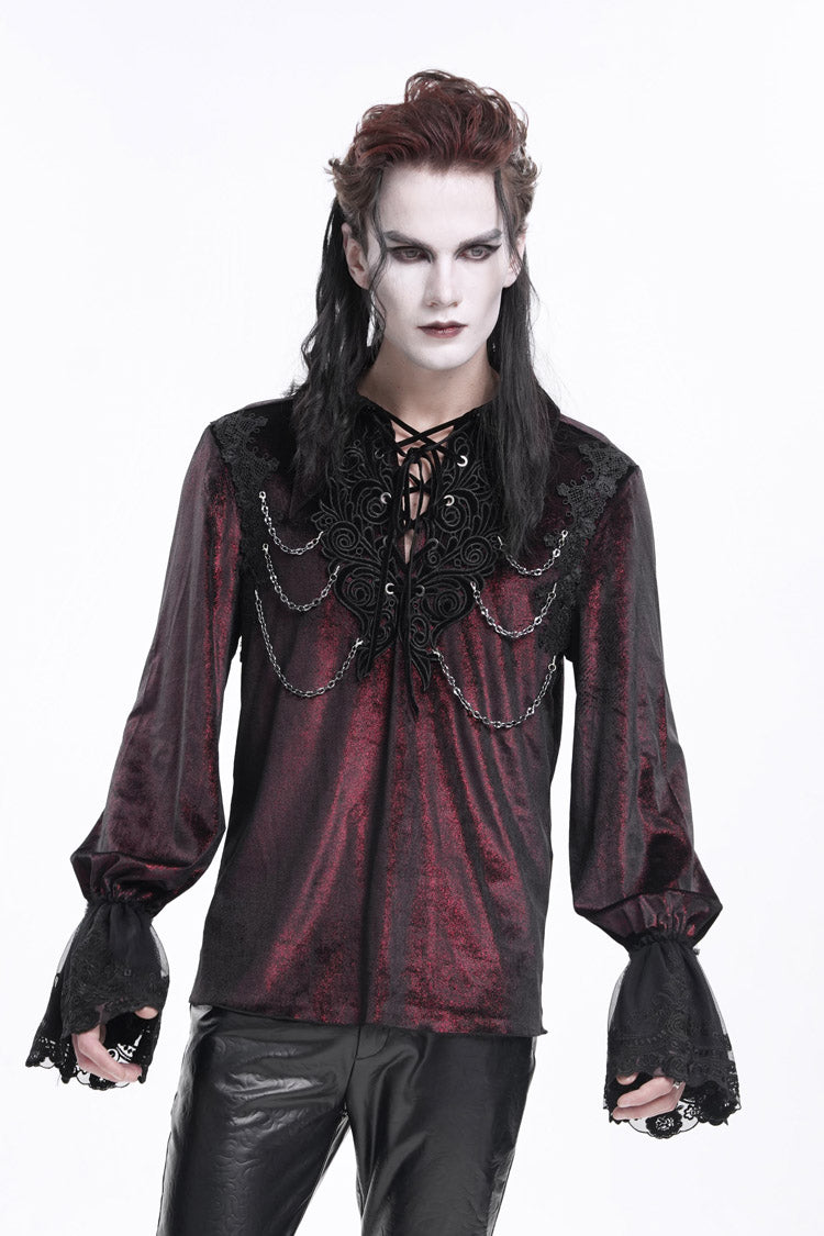 Burgundy V-Neck Long Sleeve Lace-Up Chain Gothic Men's Blouse