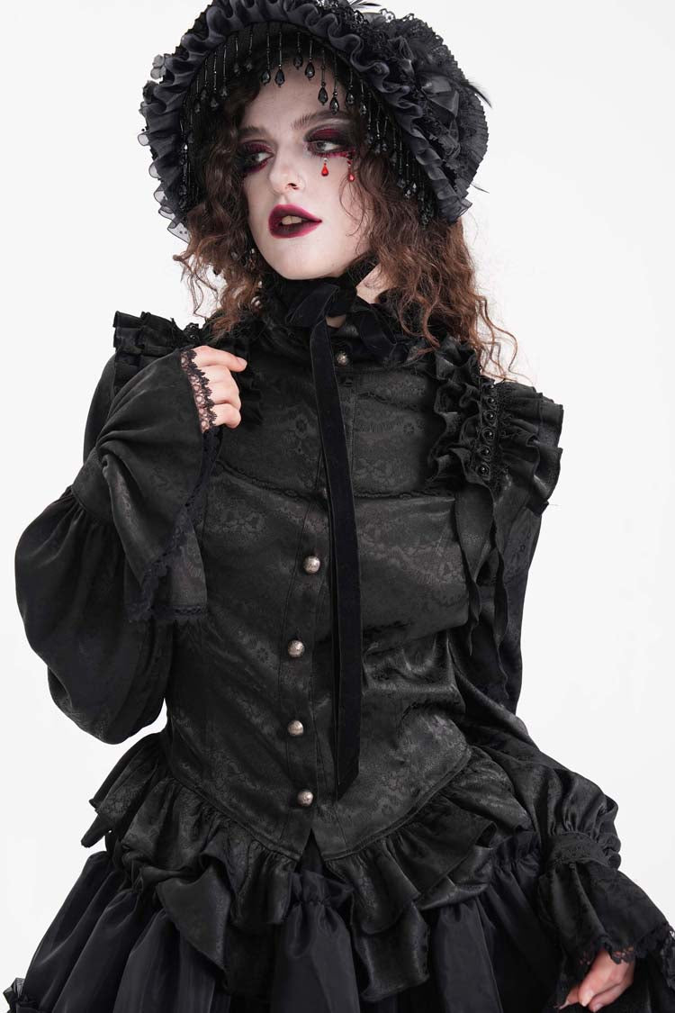 Women's Gothic Blouse with Ruffle Lace and Print, Long-Sleeve Victorian Style