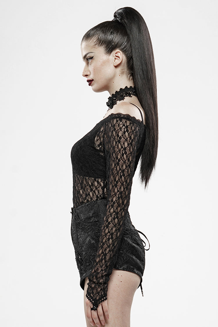Transparent Lace Gothic Tee with One-Word Collar, Long-Sleeve Women's