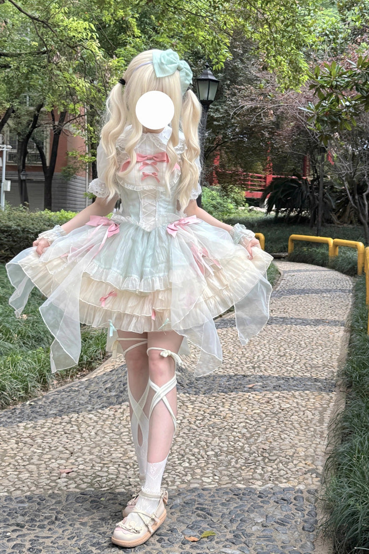 Emerald Camellia Love Sleeveless Triple Ruffle Bow Lace Sweet Princess Lolita Jumper