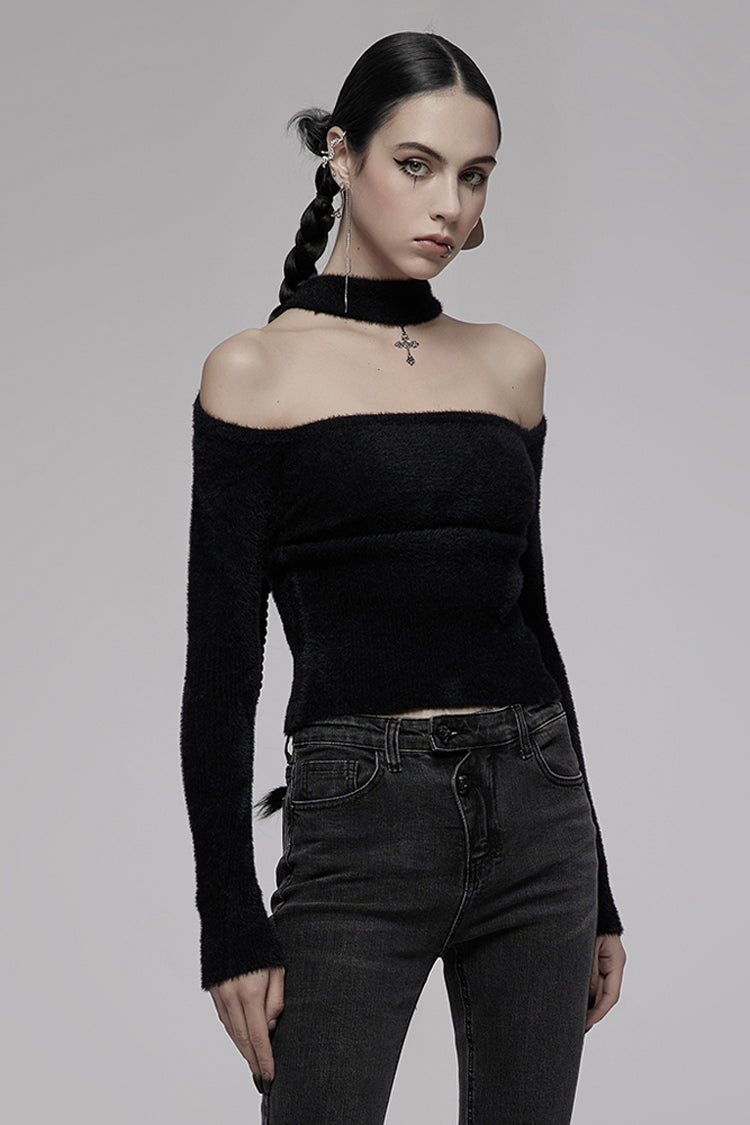 Punk Long Sleeve Top with Metal Cross & Hollow-Carved Knit Design in Black