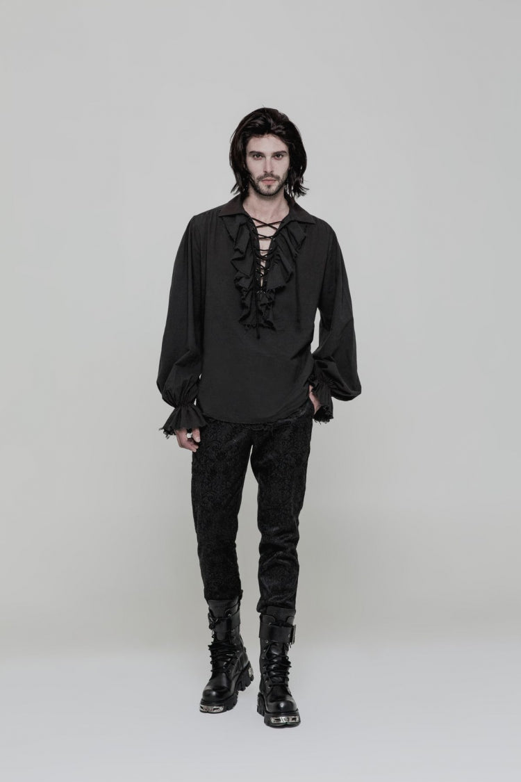 Steampunk Men's Long Sleeve Blouse with Ruched Lace-Up Details - Dual Shades
