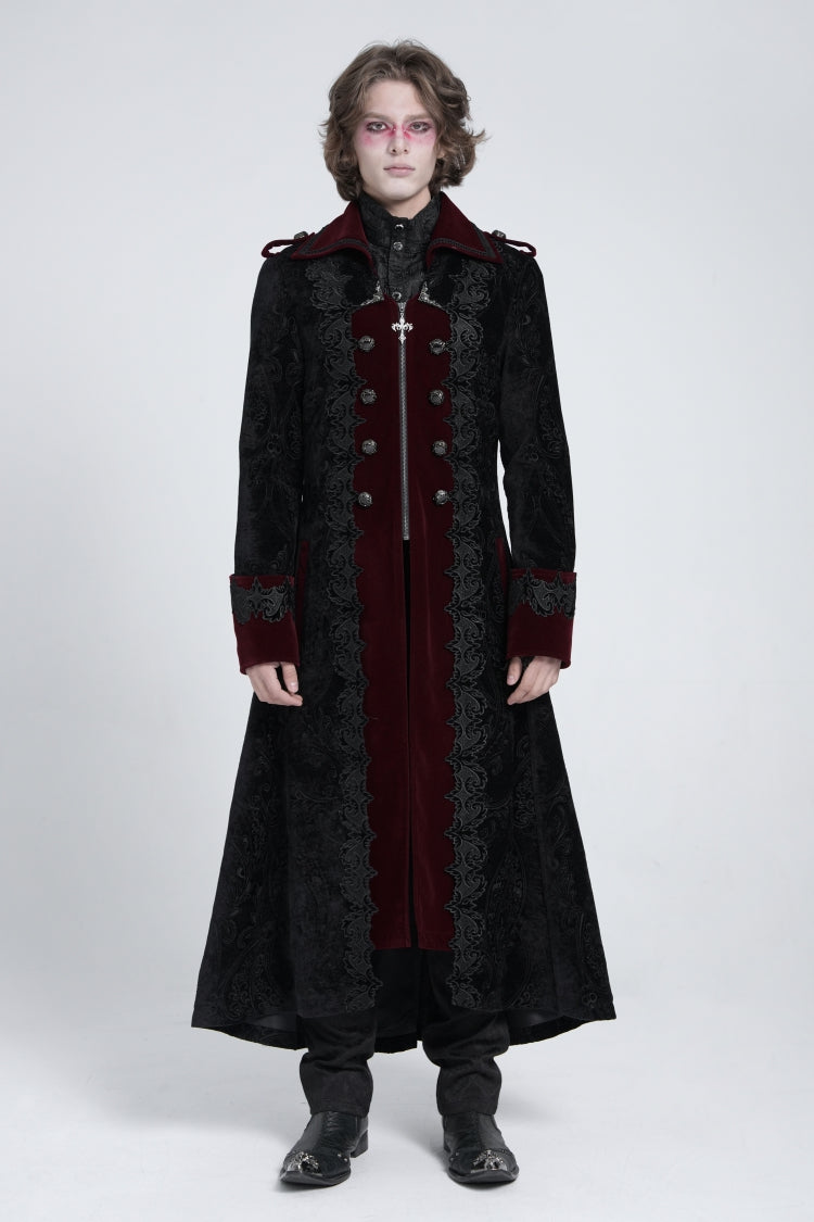 Crimson Noir Zipper Embroidery Lapel Collar Men's Gothic Coat