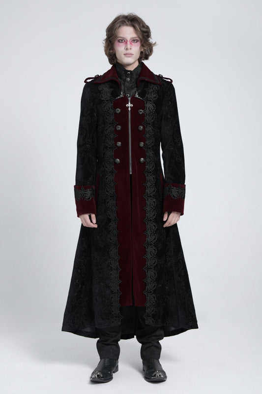 Crimson Noir Zipper Embroidery Lapel Collar Men's Gothic Coat