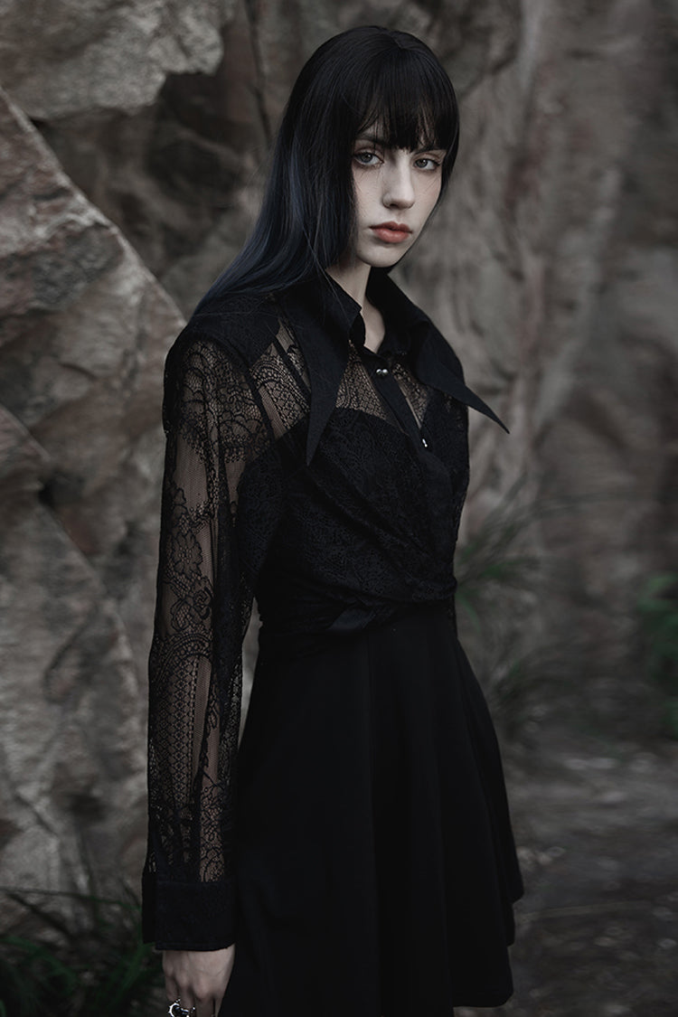 Women's Gothic Shirt with Embroidery and Lace, Long-Sleeve Print Top