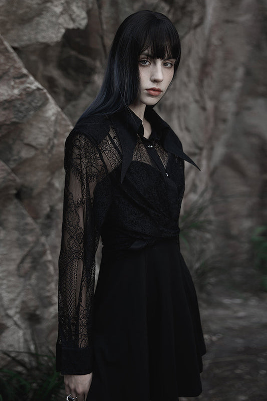Women's Gothic Shirt with Embroidery and Lace, Long-Sleeve Print Top