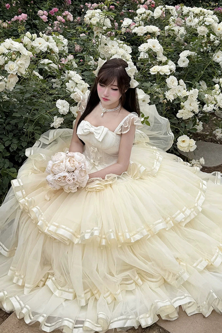 Sweet Organza Satin Sleeveless Multi-Layered Ruffled Hanayome Bow Lace Sweet Elegant Princess Lolita Jsk Dress