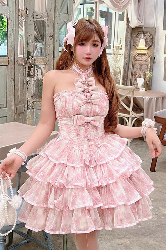 Broken Silver Rose Halterneck Tiered Dress, Multi-Layered Ruffle Bowknot Princess