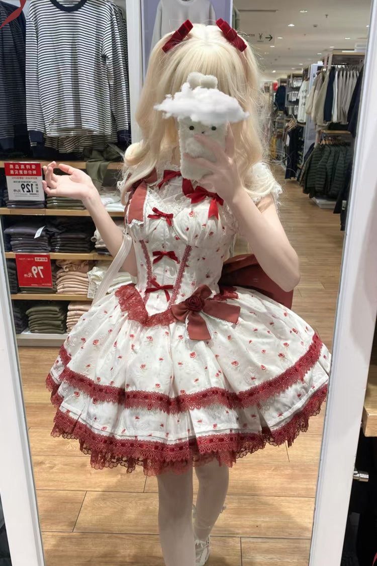 Burgundy First Love Rose Layered Print Ruffle Bow Lace Sweet Lolita JSK Dress Set