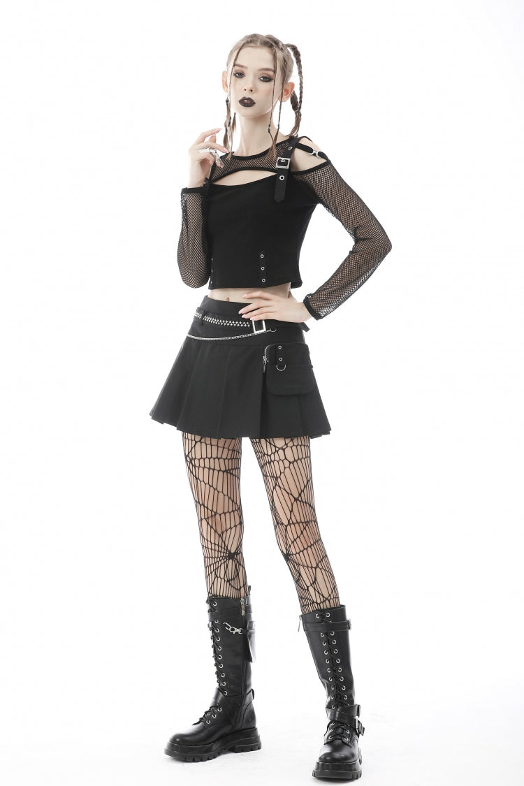 Jet-Black Chain-Trimmed Pleated Mini Skirt with Waistbelt