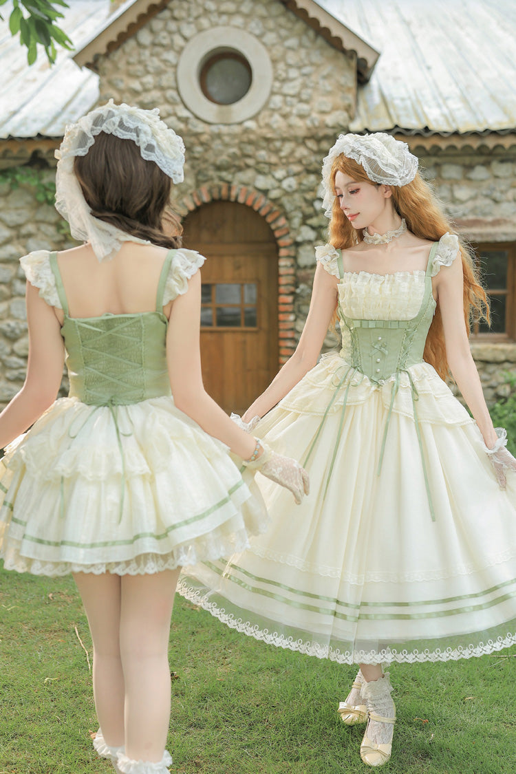 Emerald Square Neck Ruffled Lace Bow Accent Sweet Lolita JSK in Two Styles