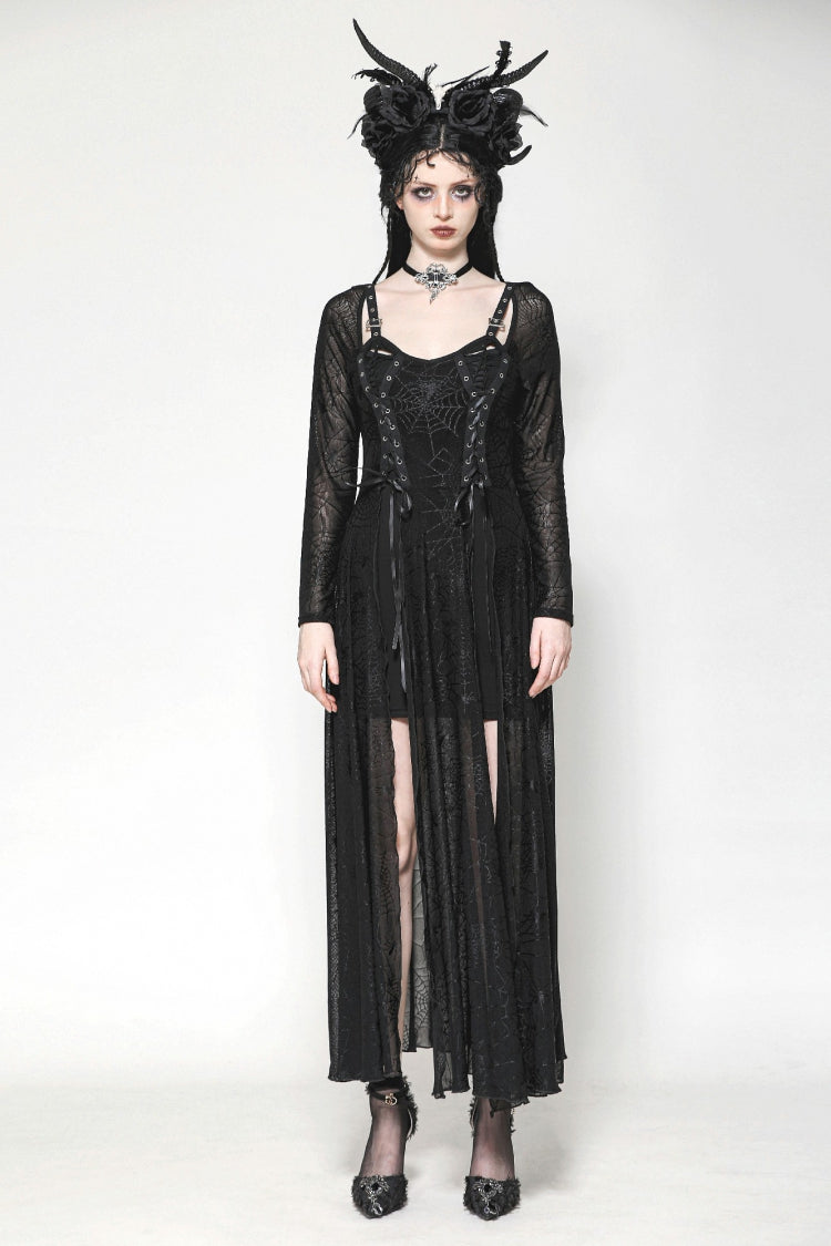 Elegant Witch Long Dress with Spiderweb Lace-Up and Extended Sleeves
