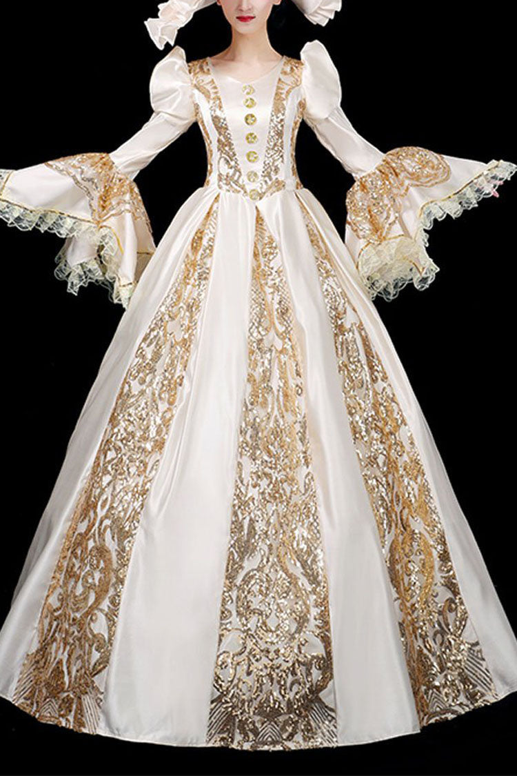 Golden Floral Hollow Print Victorian Lolita Dress with Trumpet Sleeves