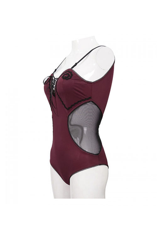 Burgundy Waist Mesh Insert Lace-Up Gothic One-Piece Swimsuit