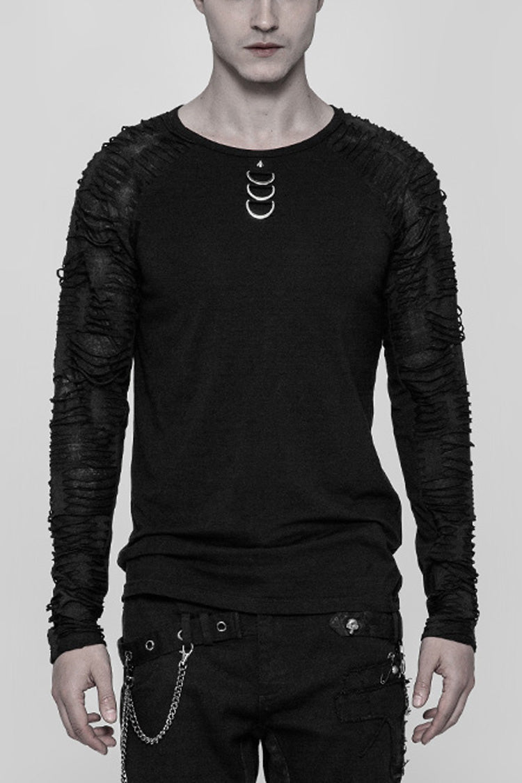 Men's Steampunk Tee with Metal D-Buckle and Ripped Detail, Long Sleeve