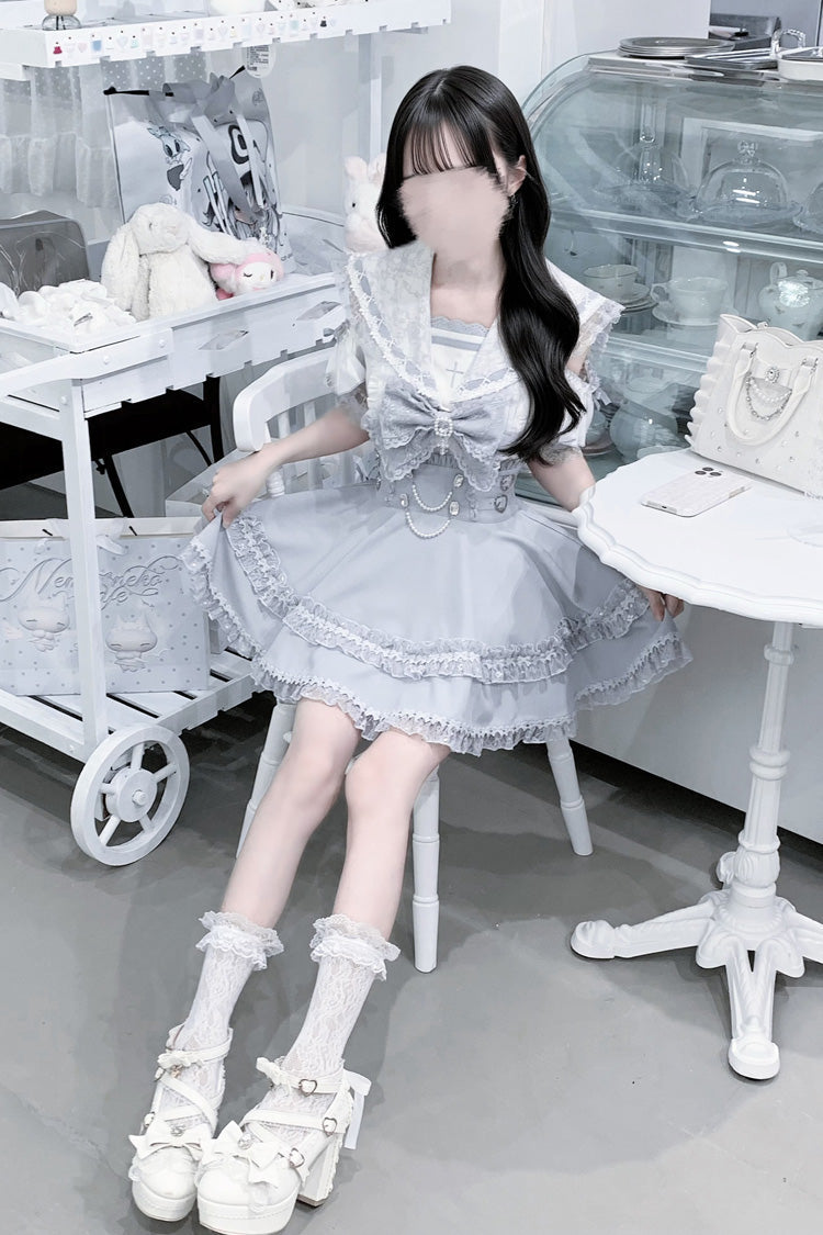 Apprentice Witch Off Shoulder Navy Collar Short Sleeves Ruffled Bow Lace Pearl Detail Classic Jirai Kei Japanese Skirt Set