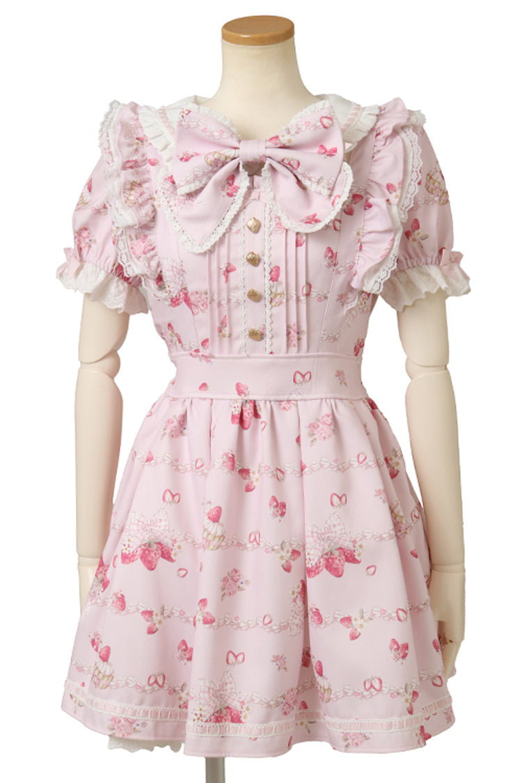 Creamy Berry Print Short Puff Sleeve Ruffle Lace-Up Jirai Kei Dress