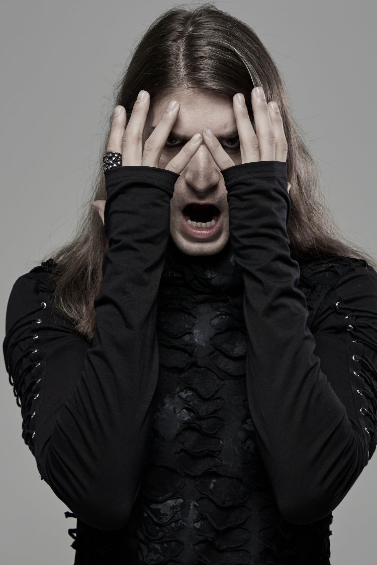 Gothic Cool Tee for Men with Lace-Up, Hood, Rips, and Pleats, Extended Sleeves