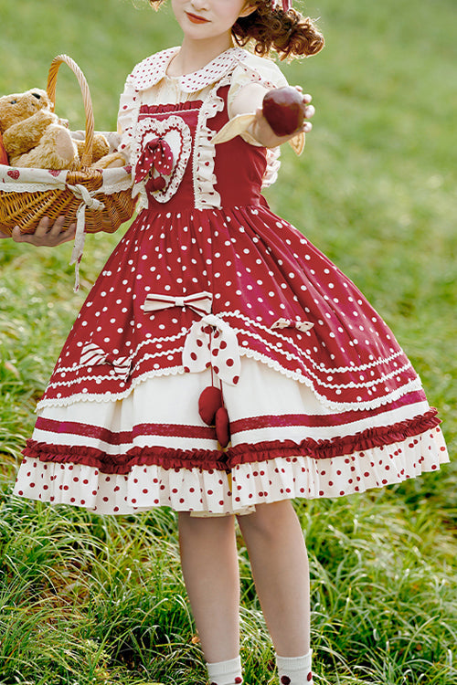 Crimson Dot Print Layered JSK with Ruffled Trim