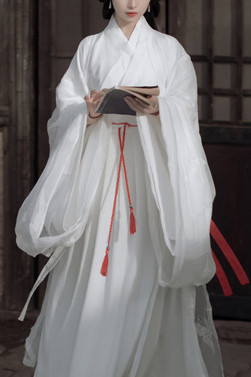 White Ancient Chinese Broad-Sleeved Celestial Sweet Hanfu Gown Complete Outfit
