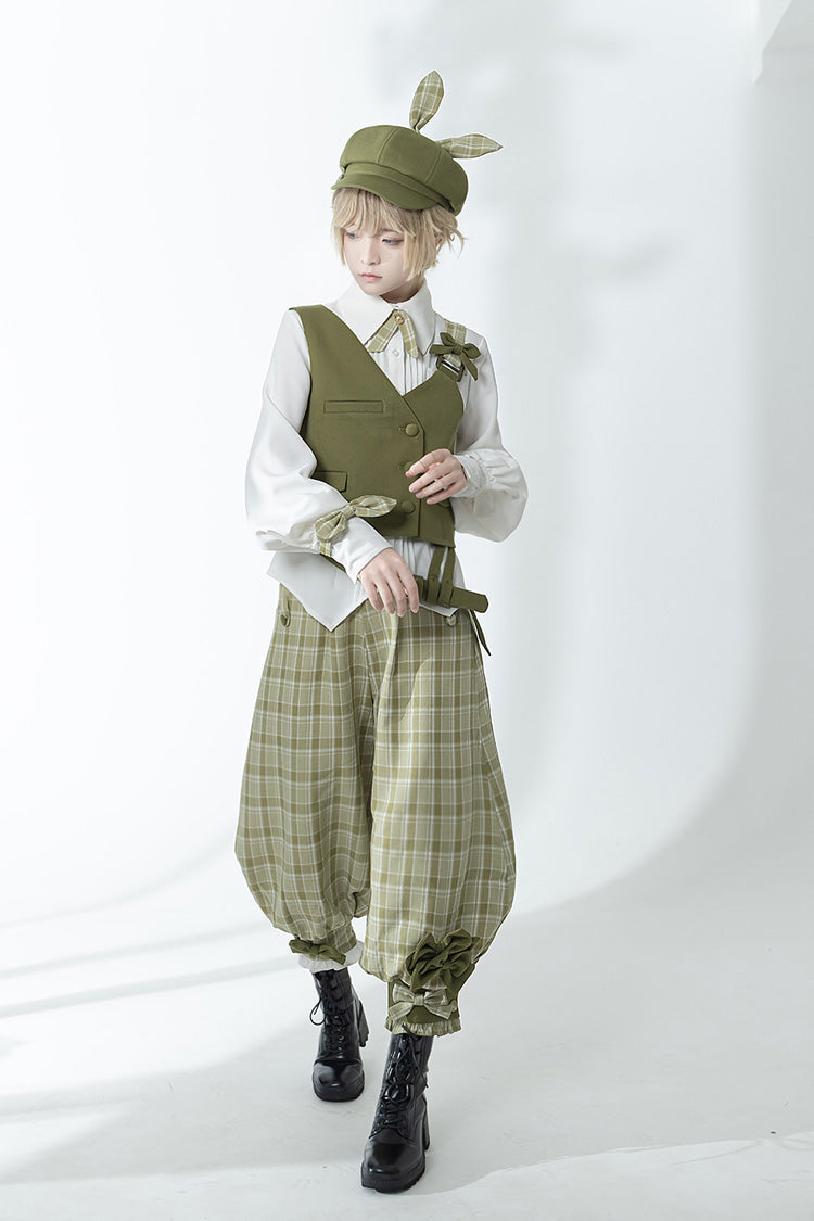 Ouji Lolita Vest with Plaid Pants - Matcha Green - Secret Morning Post - Dual