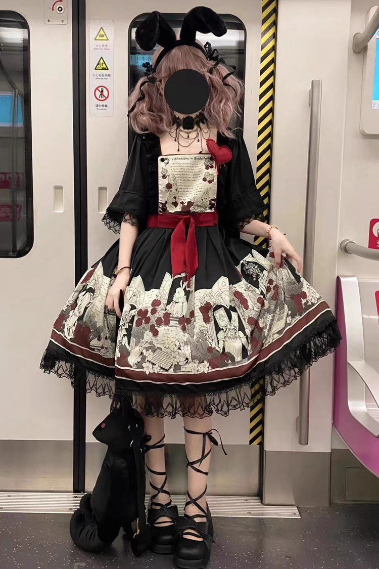 Print Bow Lace Gothic Dress - Alice of the Asylum