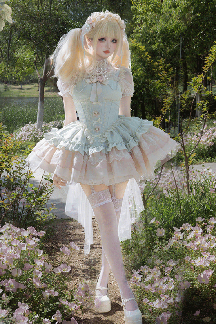 Emerald Sleeveless Multi-Layered Ruffle Bow Lace Lace-Up Sweet Princess Lolita JSK
