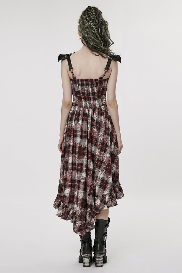 Crimson Noir Leather Strap Plaid Ruffle Irregular Steampunk Dress