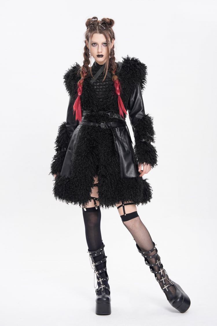 Women's Punk Coat with Plush Stitching, Buckle Straps and Hood, Long Sleeve