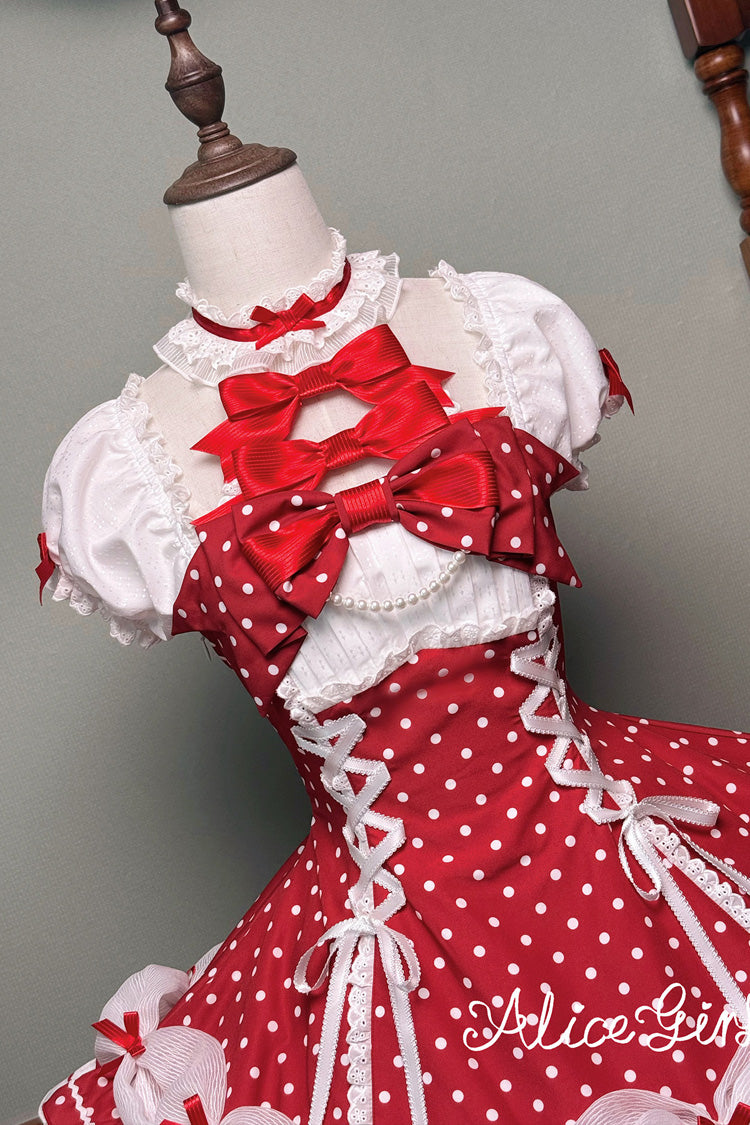 Wine Halterneck Polka-Dot Bow Lace-Up Sweet Lolita Frock