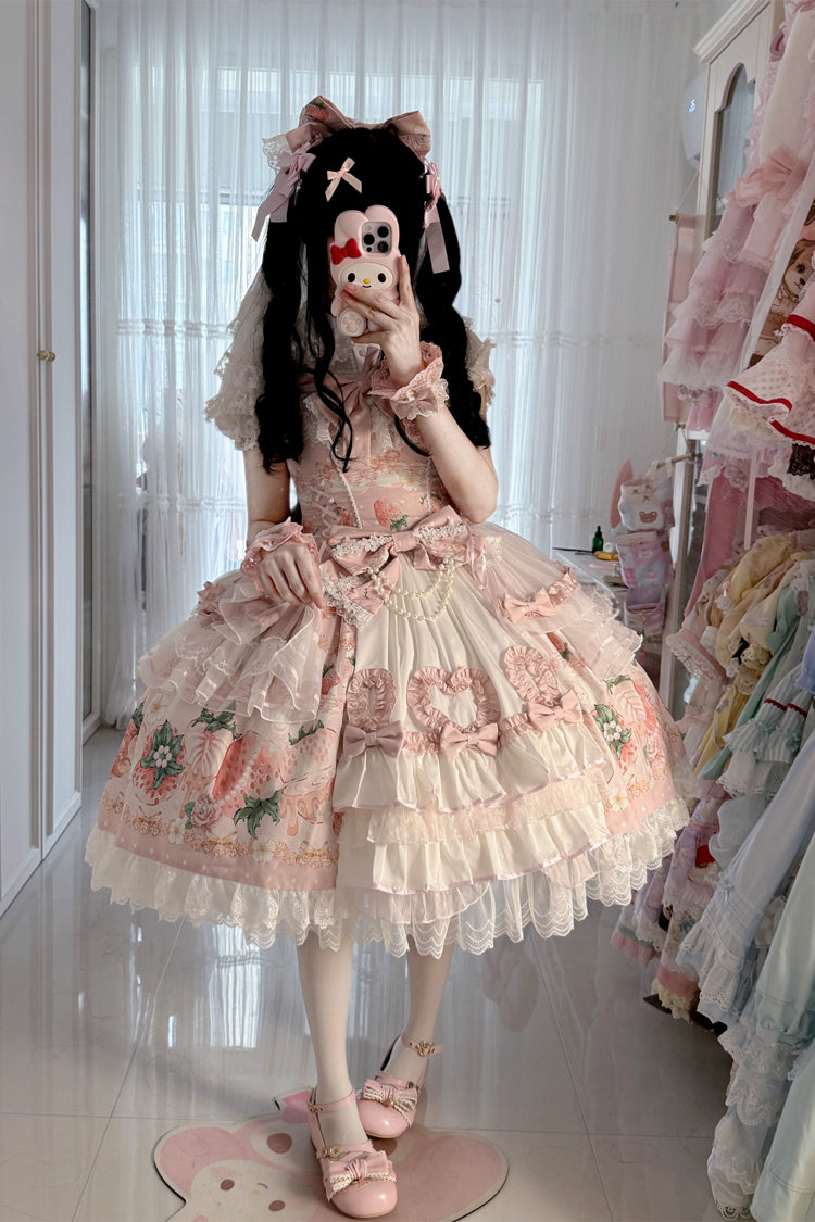 Berry Sweet Wish Square Collar JSK Set, Pearl Decorated Bow Lace Ruffled Print