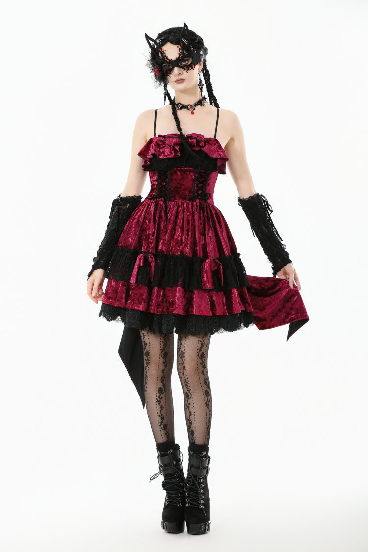 Maroon Corset Velvet Pointed-Tail Gothic Cami Mini Dress