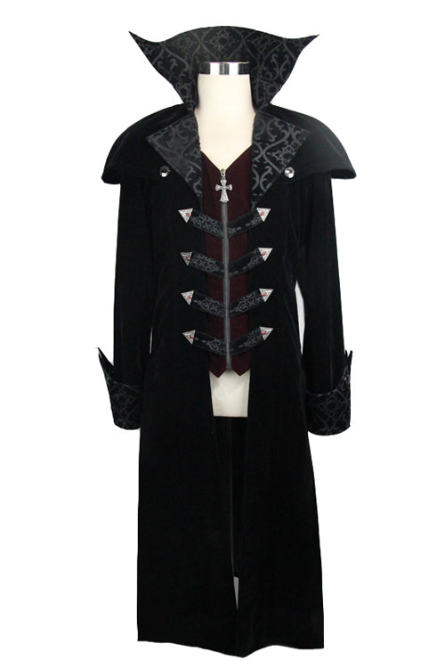 Black Patterned Shawl Collar Men's Velveteen Long Coat Gothic Western