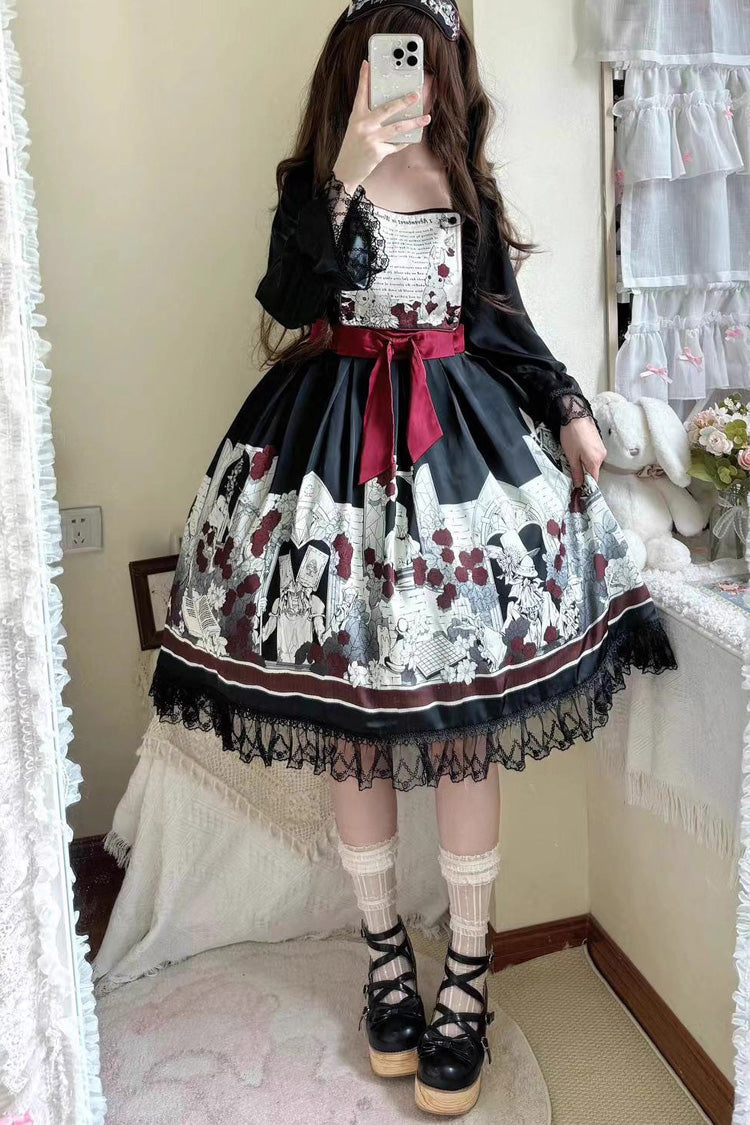 Print Bow Lace Gothic Dress - Alice of the Asylum