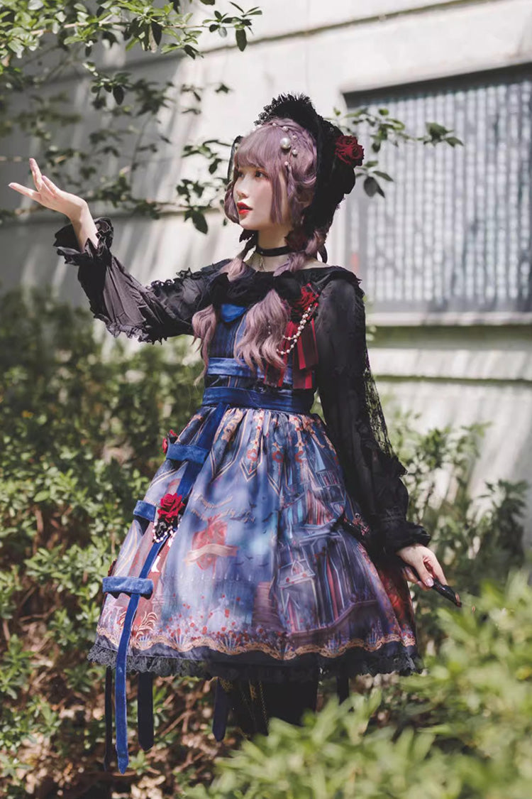 Punk Lolita JSK Dress with Church Print and Ruffles - Midnight Magic - Triple Hue
