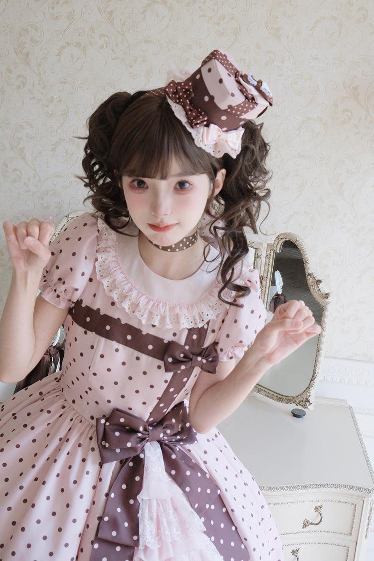 Canelé Gift Box Round Collar Short-Sleeve Polka Dot Ruffle Open Bow Asymmetric Lolita Dress