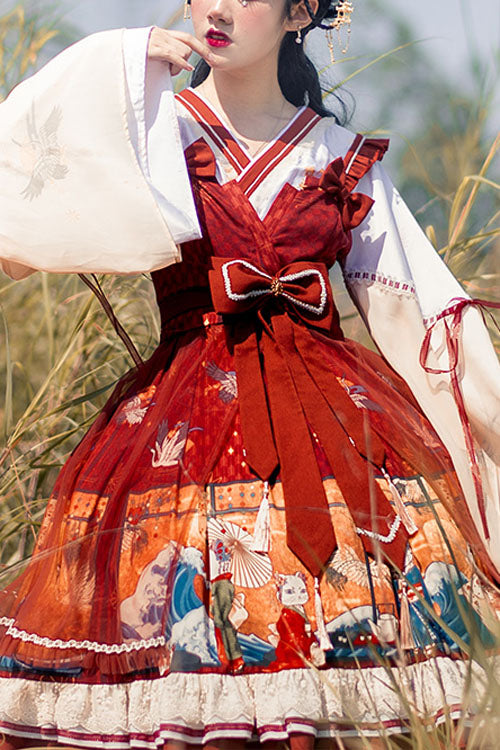 Burgundy Ukiyoe Cat Print Long Sleeve Chinese Style Two-Piece Look Bow Ruffle Sweet Lolita OP Gown