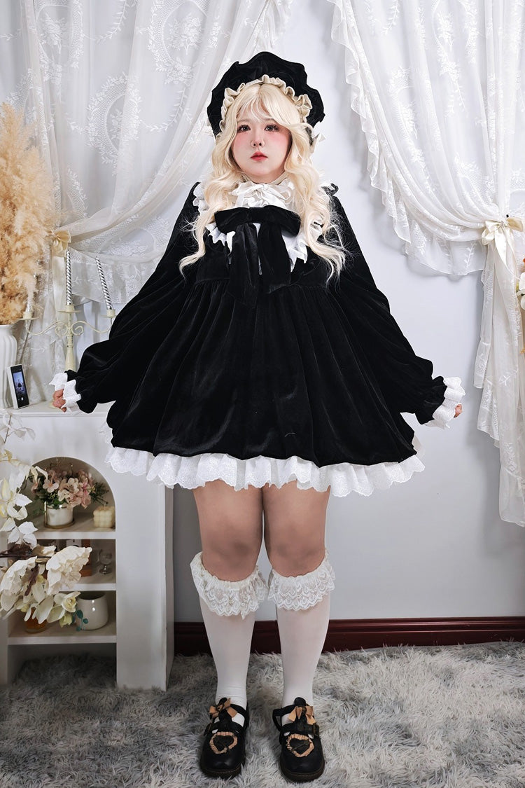 Stand Collar Ruffled Bow Plus Size Gothic Dress - Antique Velvet Doll