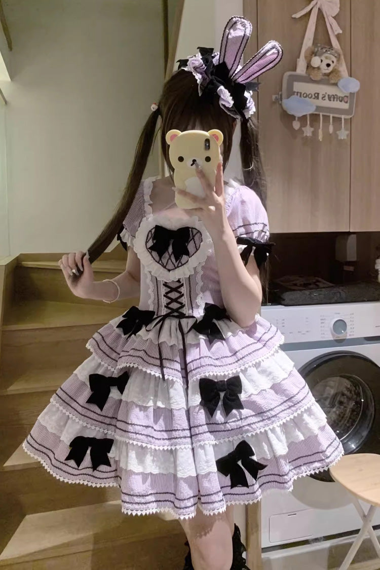 Sweet Lolita JSK with Striped Ruffle Bowknot and Lace-Up Front