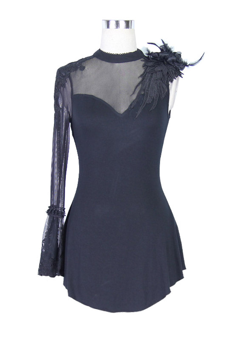 Feather-Trim Single-Sleeve Knit Top with Mesh Accent