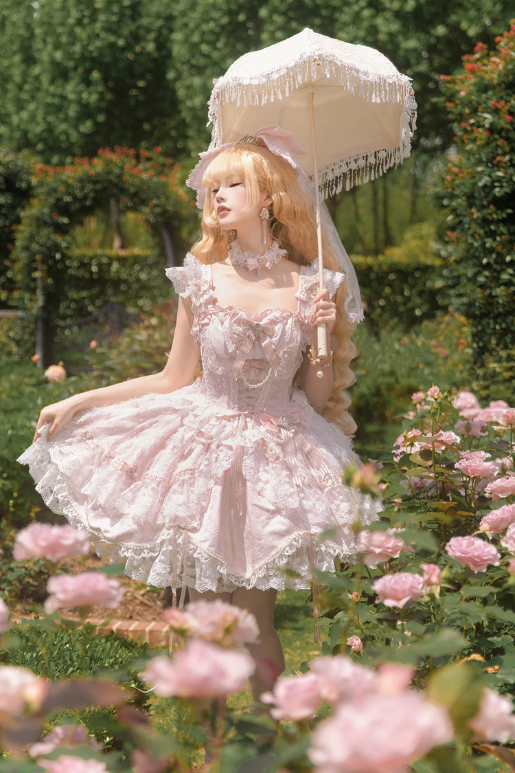 Anna's Ball Square Collar Hanayome Bow Lace JSK, Sweet Princess Ballet Ruffled
