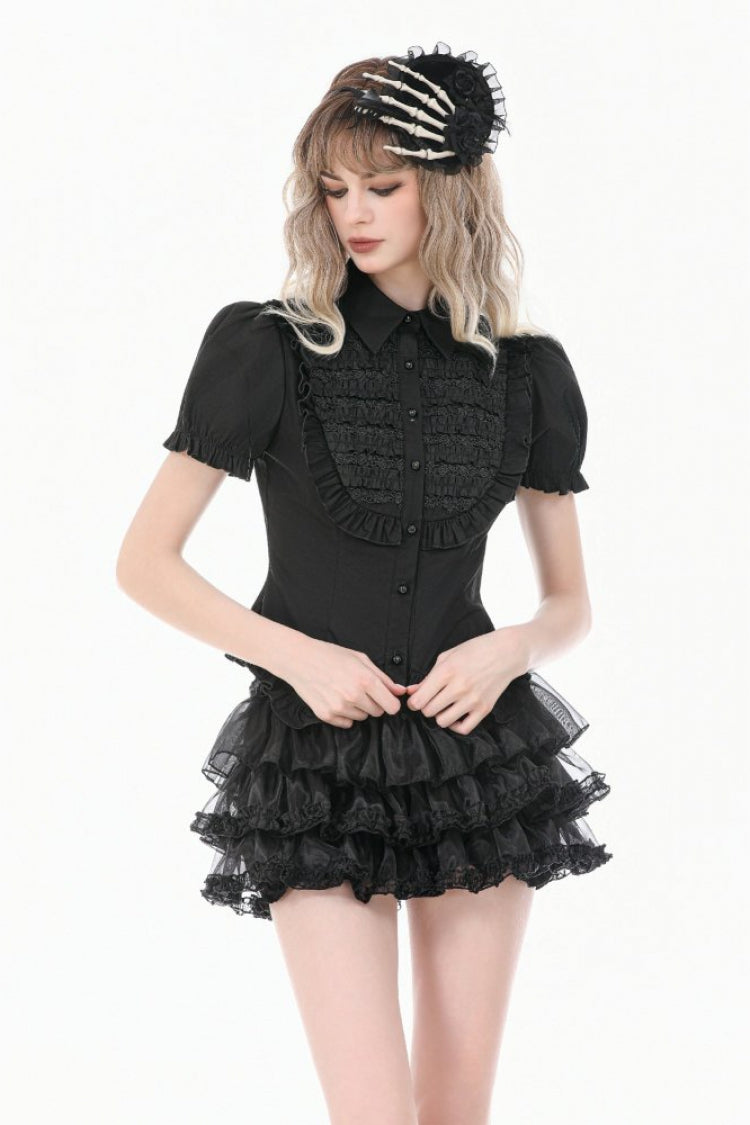 Victorian Slim Blouse with Ruffled Puff Sleeves - Gothic Edge
