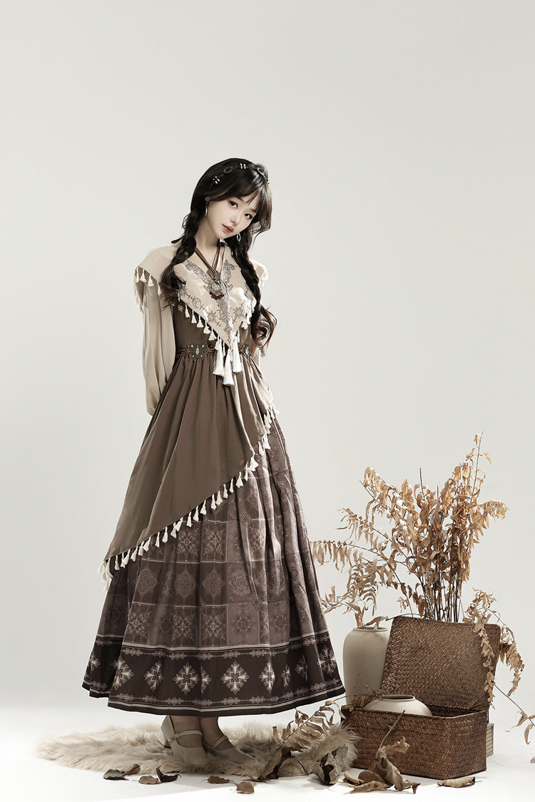 Chinese Style Lolita Dress with Lantern Sleeves and Asymmetric Ruffle