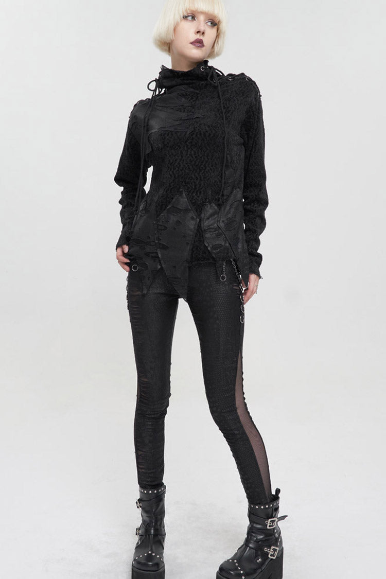 Gothic Black Knit Pants with Detachable Chain & Semi-Sheer Irregular Cut