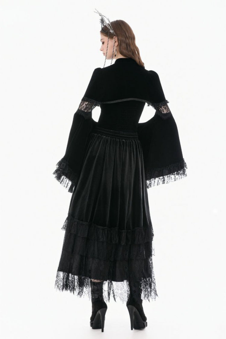 Gothic Shrug with Keyhole Mandarin Collar, Velvet Lace Splice & Flare Sleeves