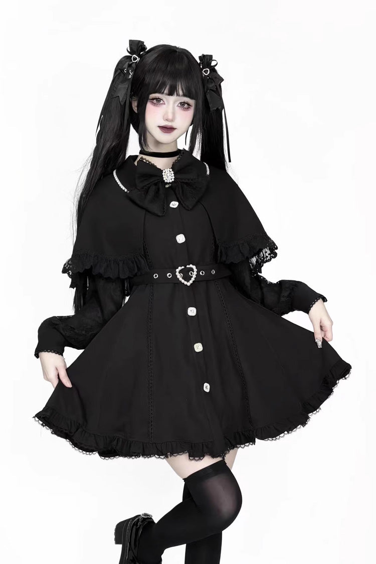 Elegant Jirai Kei Dress with Removable Cape and Ruffle Lace, Long Sleeve