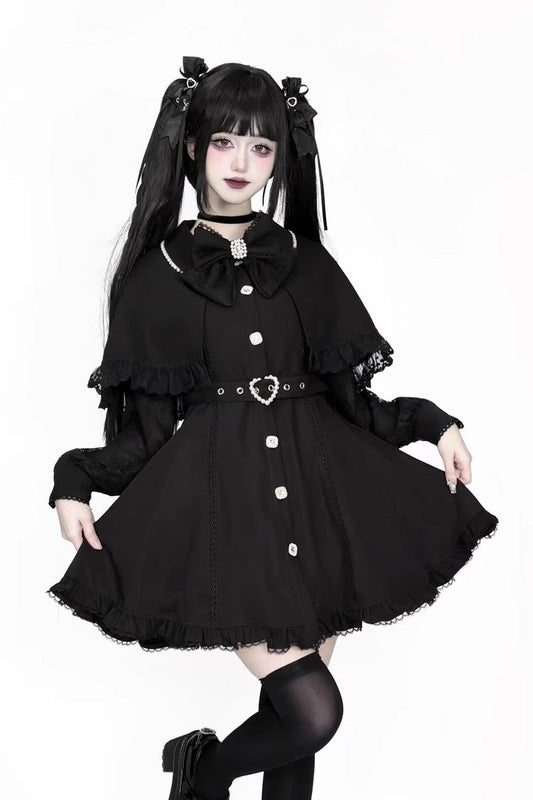 Elegant Jirai Kei Dress with Removable Cape and Ruffle Lace, Long Sleeve