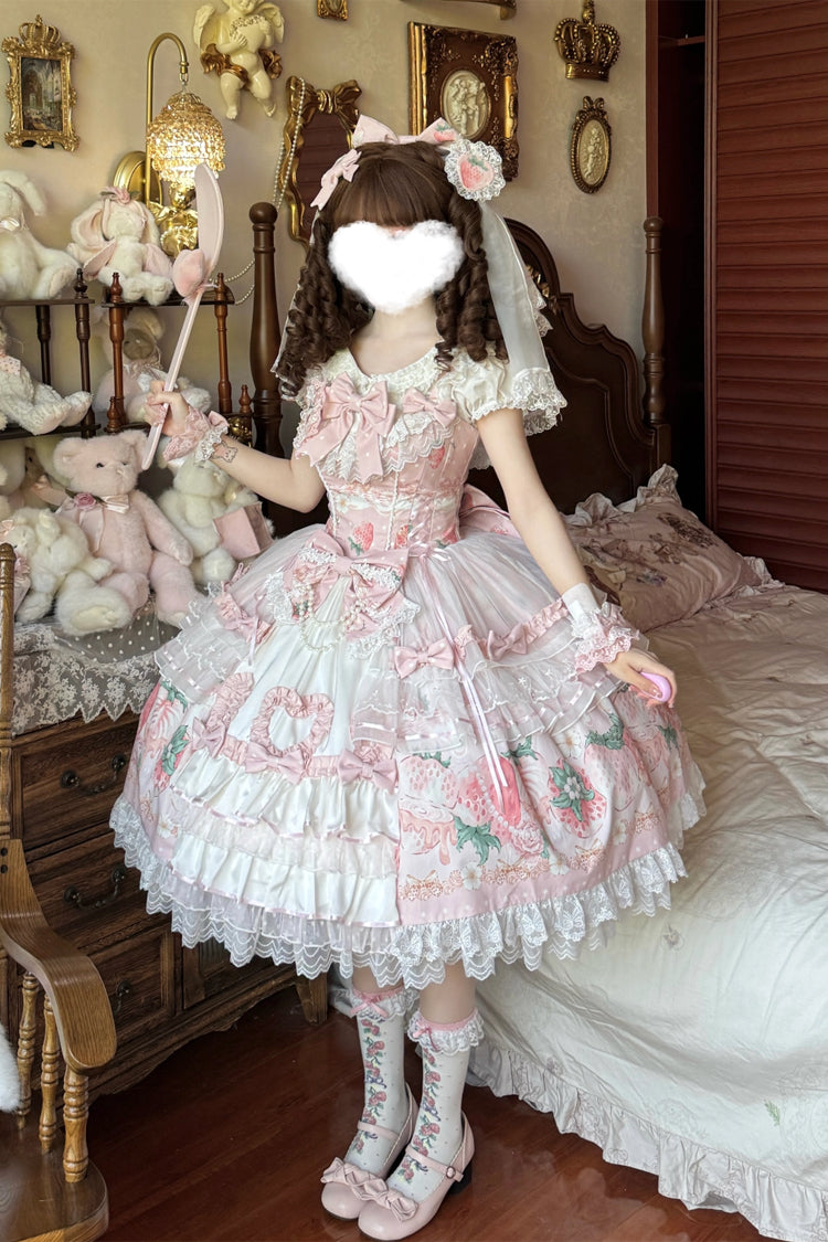 Berry Sweet Wish Square Collar JSK Set, Pearl Decorated Bow Lace Ruffled Print
