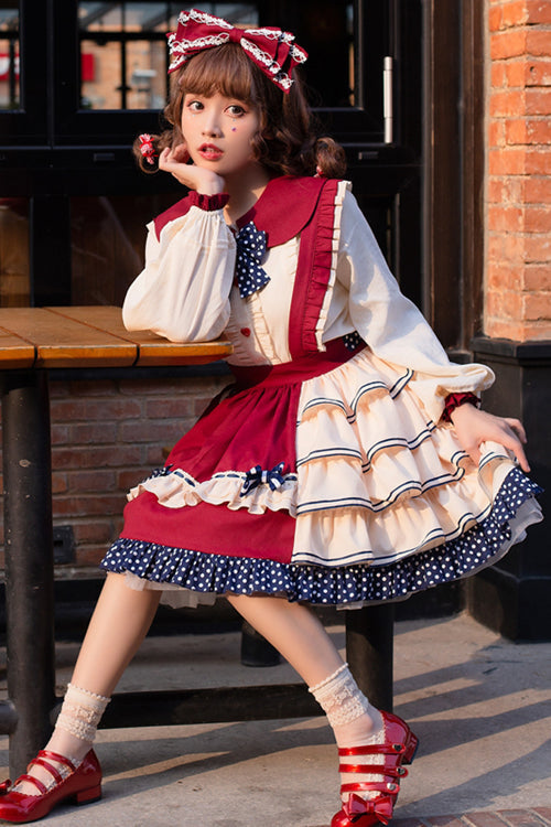 Crimson Sweet Lolita JSK with High Waist and Layered Ruffles